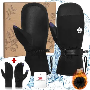 2 in 1 Waterproof Ski Mittens with Glove Liners, Winter Snow Gloves 3M Thinsulate Anti-Slip PU Palm Ski Gloves, Windproof Snowboard Mittens with Touchscreen Inner Gloves for All Snowsports, XX-Large