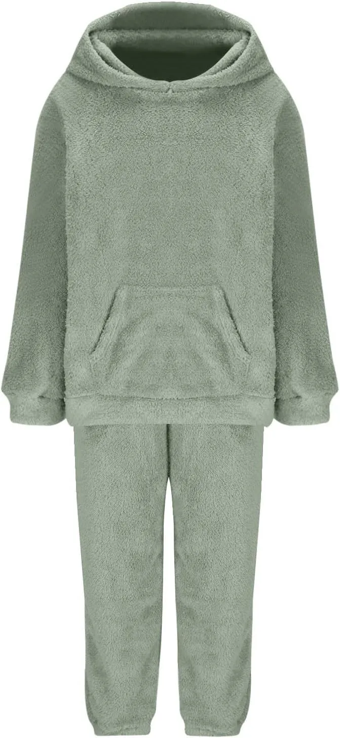 2 Piece Fuzzy Fleece Outfits for Women Warm Hoody Pullover and Sweatpant Plush Pajama Sets Winter Lounge Set Homewear