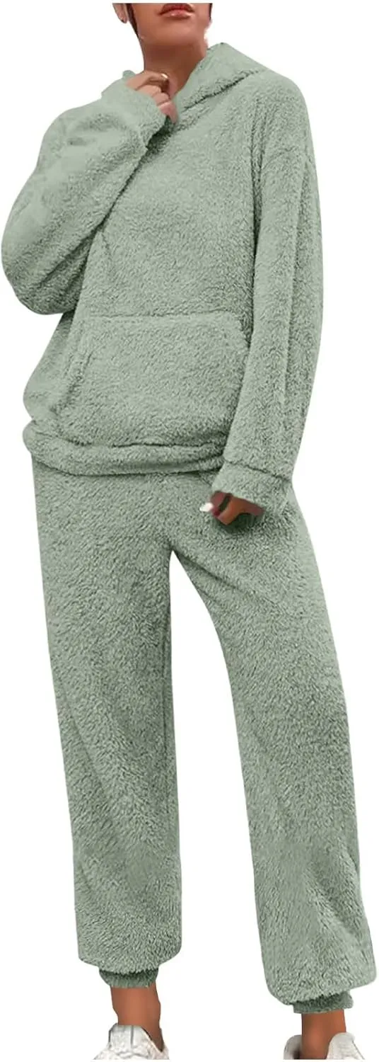 2 Piece Fuzzy Fleece Outfits for Women Warm Hoody Pullover and Sweatpant Plush Pajama Sets Winter Lounge Set Homewear