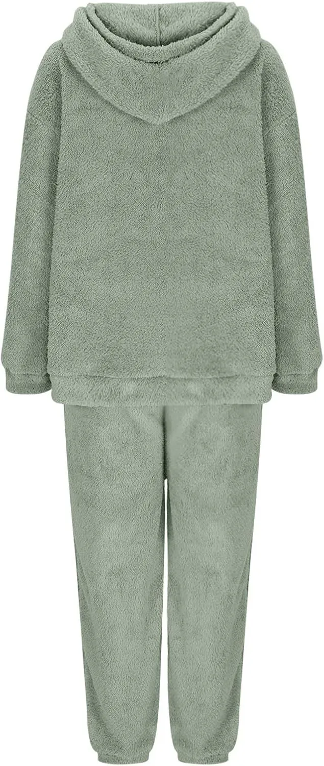 2 Piece Fuzzy Fleece Outfits for Women Warm Hoody Pullover and Sweatpant Plush Pajama Sets Winter Lounge Set Homewear