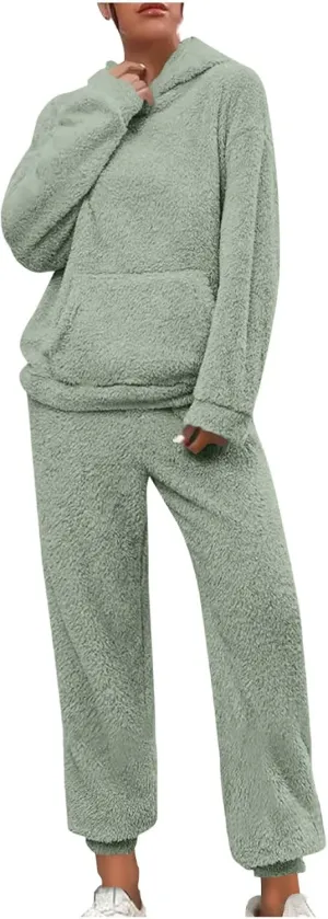 2 Piece Fuzzy Fleece Outfits for Women Warm Hoody Pullover and Sweatpant Plush Pajama Sets Winter Lounge Set Homewear