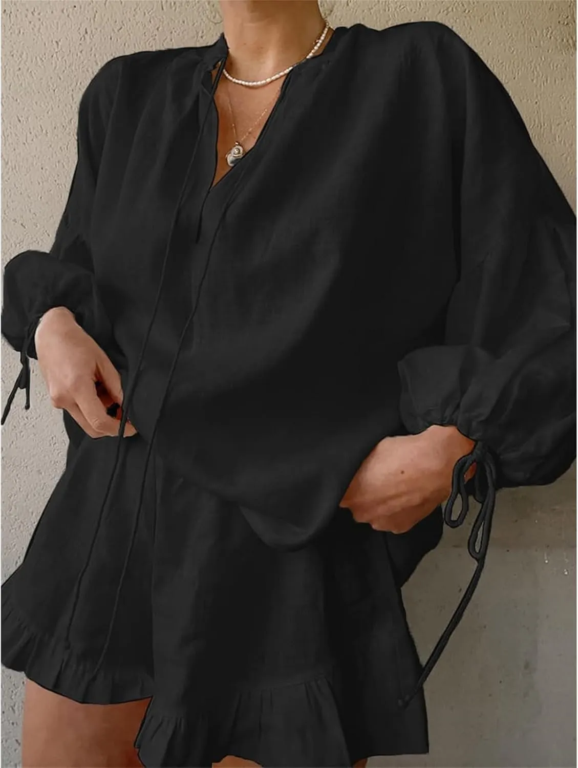 2 Piece Linen Sets for Women Trendy V Neck Lantern Sleeve Tops Ruffle Hem Shorts Outfit Casual Comfortable Tracksuit