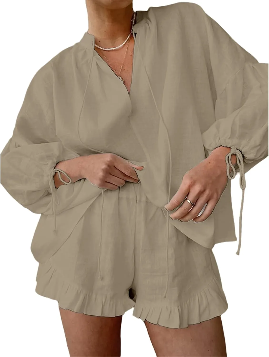 2 Piece Linen Sets for Women Trendy V Neck Lantern Sleeve Tops Ruffle Hem Shorts Outfit Casual Comfortable Tracksuit
