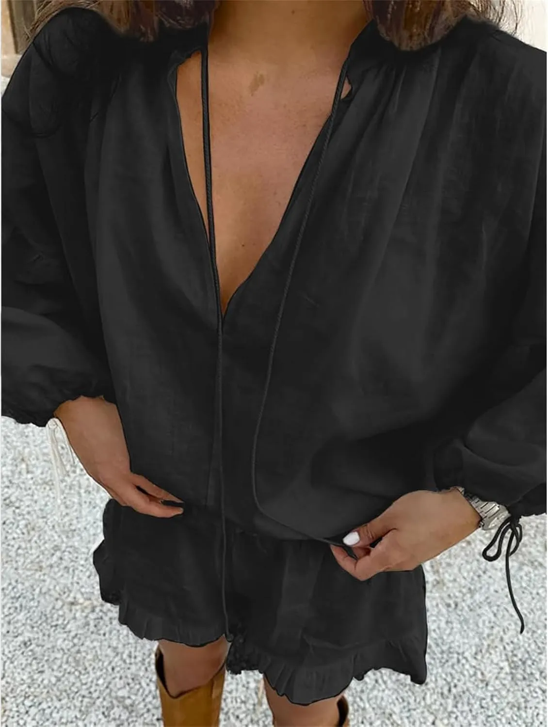 2 Piece Linen Sets for Women Trendy V Neck Lantern Sleeve Tops Ruffle Hem Shorts Outfit Casual Comfortable Tracksuit