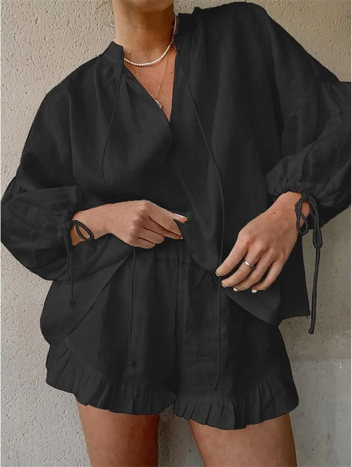 2 Piece Linen Sets for Women Trendy V Neck Lantern Sleeve Tops Ruffle Hem Shorts Outfit Casual Comfortable Tracksuit