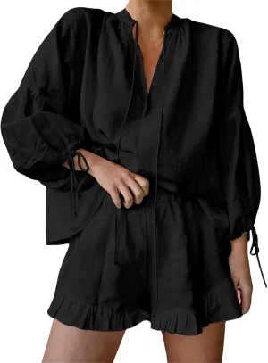 2 Piece Linen Sets for Women Trendy V Neck Lantern Sleeve Tops Ruffle Hem Shorts Outfit Casual Comfortable Tracksuit