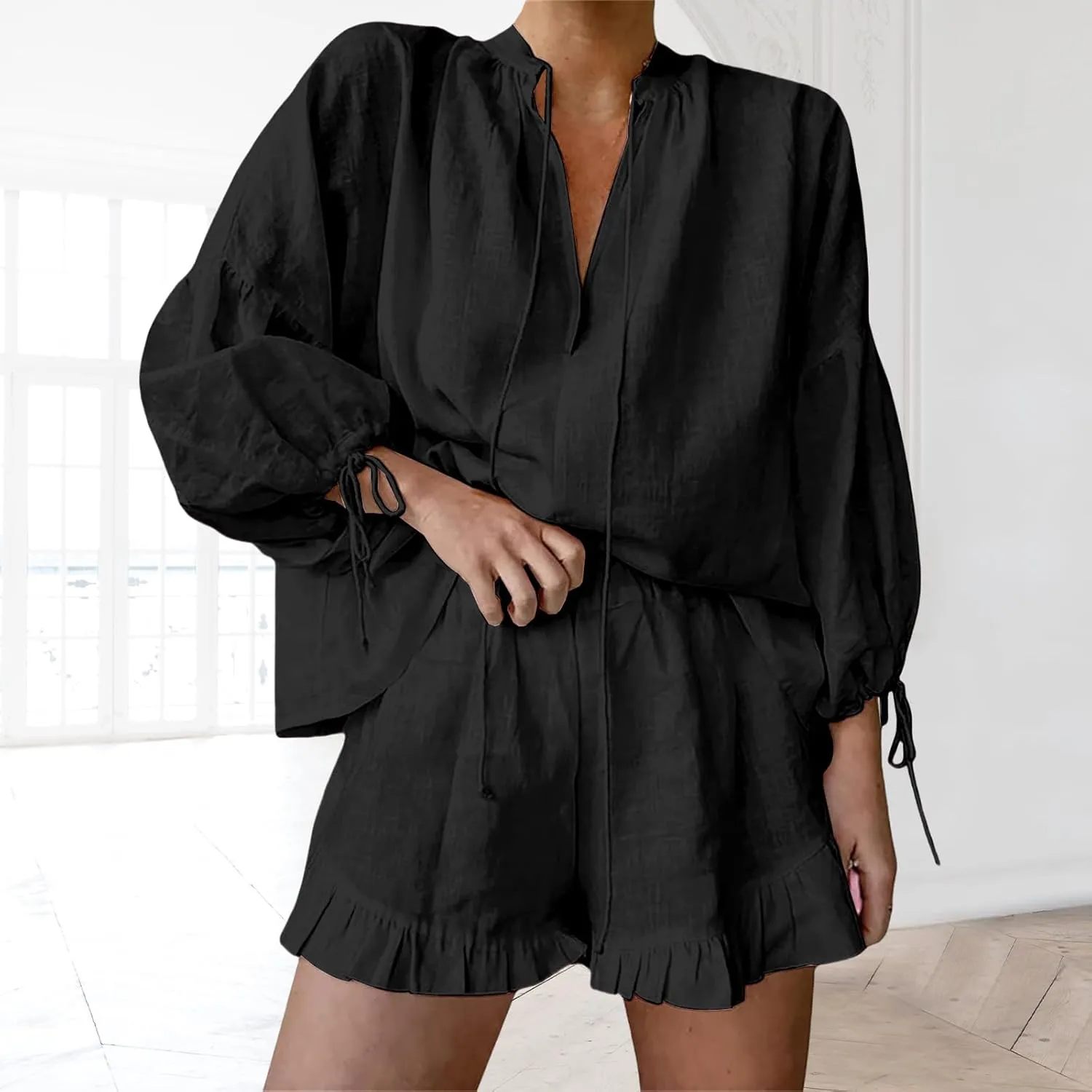 2 Piece Linen Sets for Women Trendy V Neck Lantern Sleeve Tops Ruffle Hem Shorts Outfit Casual Comfortable Tracksuit