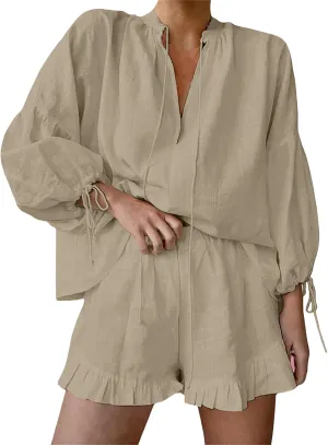 2 Piece Linen Sets for Women Trendy V Neck Lantern Sleeve Tops Ruffle Hem Shorts Outfit Casual Comfortable Tracksuit