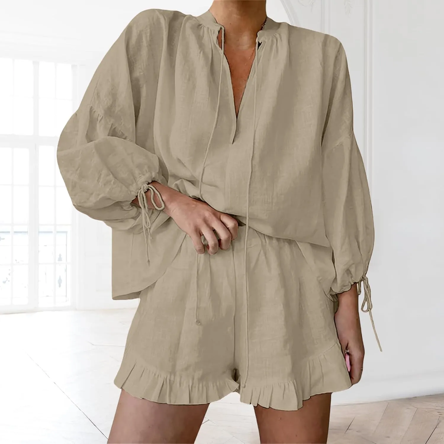 2 Piece Linen Sets for Women Trendy V Neck Lantern Sleeve Tops Ruffle Hem Shorts Outfit Casual Comfortable Tracksuit