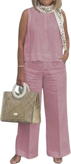 2 Piece Outfits for Women Summer Cotton Linen Sets Sleeveless Tank Tops and Wide Leg Pants Lounge Sets with Pockets