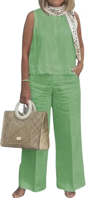 2 Piece Outfits for Women Summer Cotton Linen Sets Sleeveless Tank Tops and Wide Leg Pants Lounge Sets with Pockets