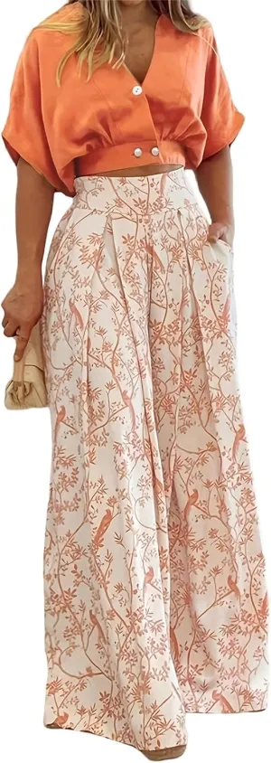 2 Piece Sets for Women Summer V Neck Crop Tops Matching Print High Waisted Wide Leg Pants Business Casual Outfits