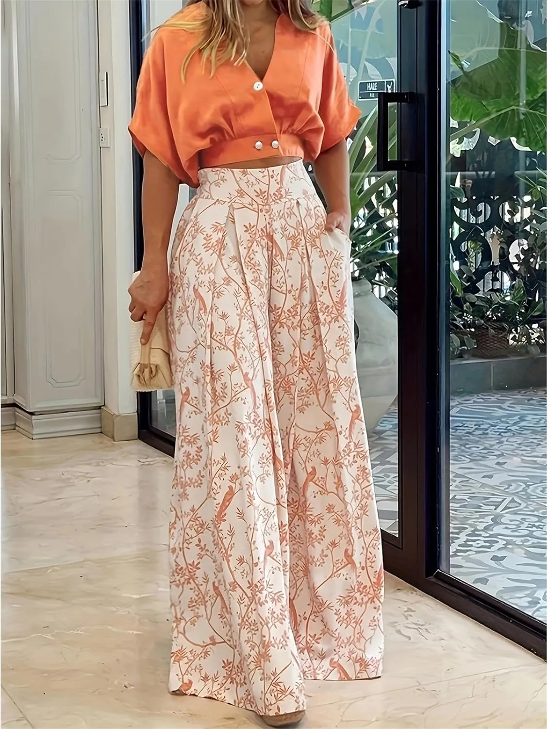 2 Piece Sets for Women Summer V Neck Crop Tops Matching Print High Waisted Wide Leg Pants Business Casual Outfits