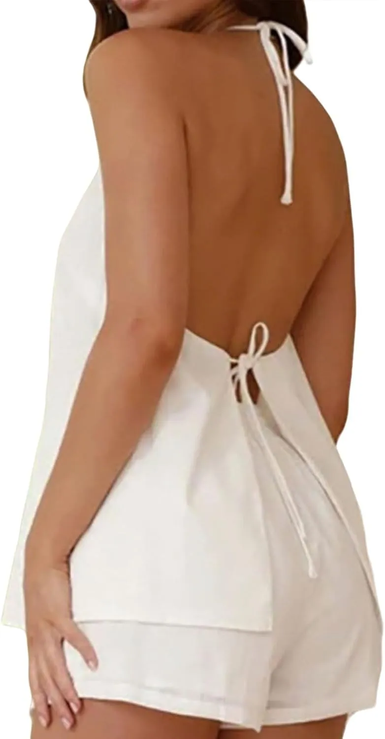 2 Piece Short Sets for Women Sexy V Neck Lace Up Spaghetti Strap Sleeveless Shirts Shorts Outfits Summer Tracksuits