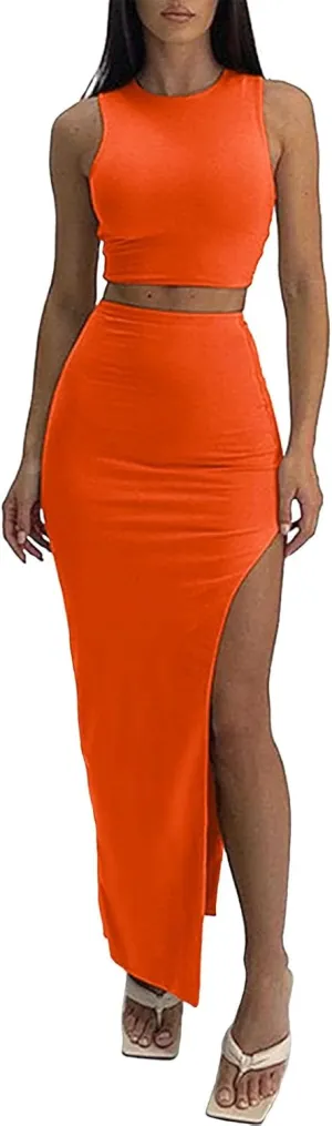 2 Piece Skirt Sets for Women Sexy Bodycon Outfits Crop Tank Top High Slit Maxi Skirt Dress Summer Party Cocktail Set