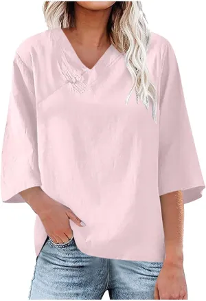 2025 Spring Summer Cotton Linen Shirts V-Neck Short Sleeve Tops Dressy Casual Plain Blouse Loose Comfy Tees Tunics