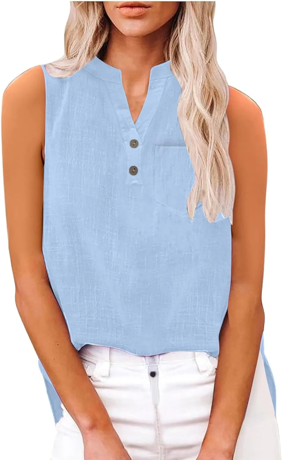 2025 Summer V Neck Button Down Cotton Linen Tank Top for Women Trendy Casual Sleeveless Shirt Beach Vacation Camisole Outfit
