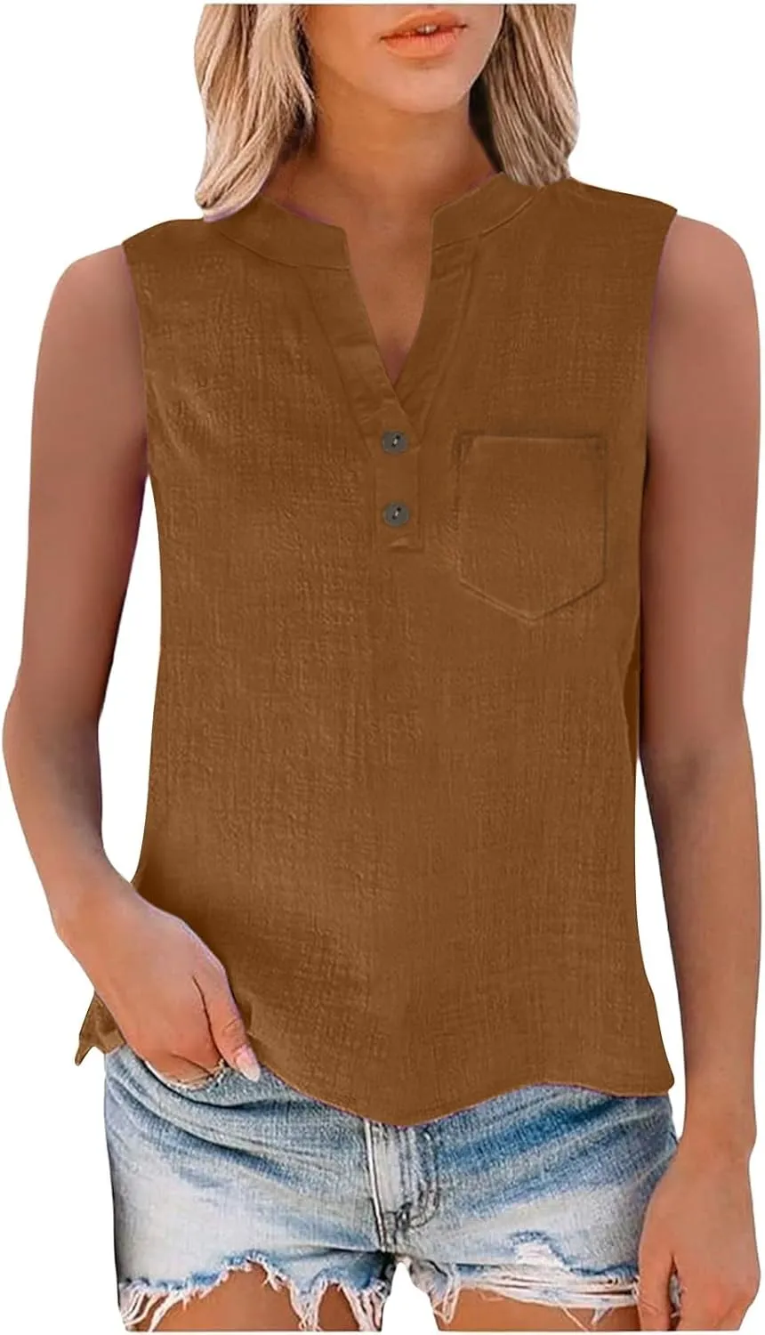 2025 Summer V Neck Button Down Cotton Linen Tank Top for Women Trendy Casual Sleeveless Shirt Beach Vacation Camisole Outfit