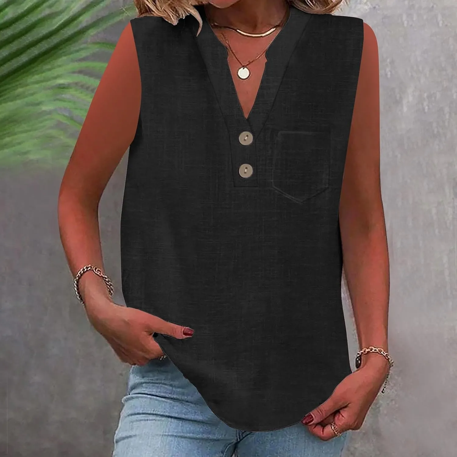 2025 Summer V Neck Button Down Cotton Linen Tank Top for Women Trendy Casual Sleeveless Shirt Beach Vacation Camisole Outfit