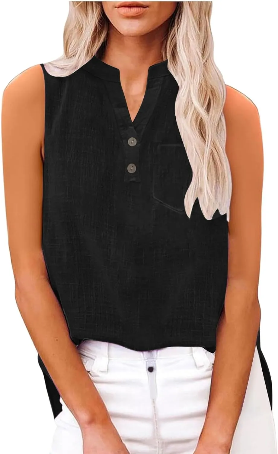 2025 Summer V Neck Button Down Cotton Linen Tank Top for Women Trendy Casual Sleeveless Shirt Beach Vacation Camisole Outfit