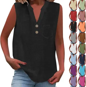 2025 Summer V Neck Button Down Cotton Linen Tank Top for Women Trendy Casual Sleeveless Shirt Beach Vacation Camisole Outfit