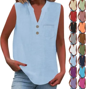 2025 Summer V Neck Button Down Cotton Linen Tank Top for Women Trendy Casual Sleeveless Shirt Beach Vacation Camisole Outfit