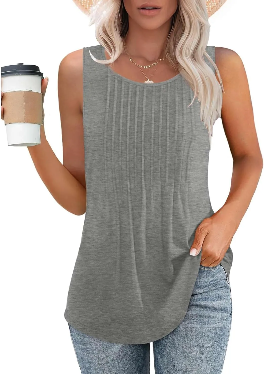 2025 Women's Summer Tank Tops Dressy Casual Sleeveless Holiday Shirts Loose Fit Pleated Front Plus Size Tunic Blouses