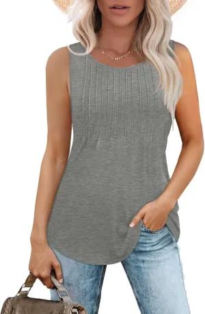 2025 Women's Summer Tank Tops Dressy Casual Sleeveless Holiday Shirts Loose Fit Pleated Front Plus Size Tunic Blouses