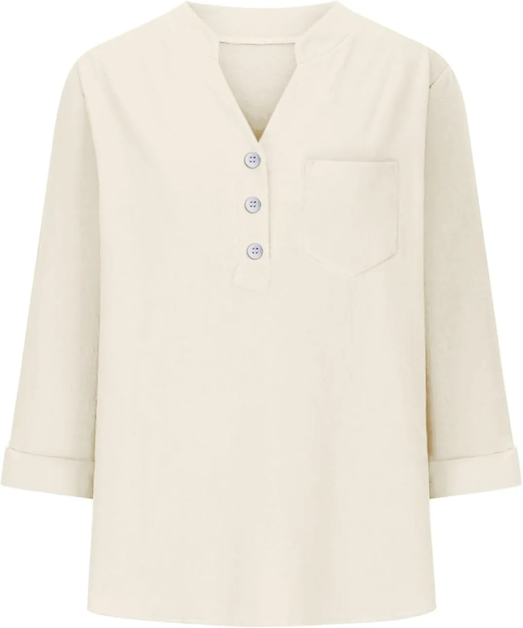 3/4 Sleeve Linen Tops for Women Loose Fit V Neck Button Down Henley Shirts Cute Summer Beach Tee Shirts with Pocket