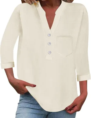 3/4 Sleeve Linen Tops for Women Loose Fit V Neck Button Down Henley Shirts Cute Summer Beach Tee Shirts with Pocket