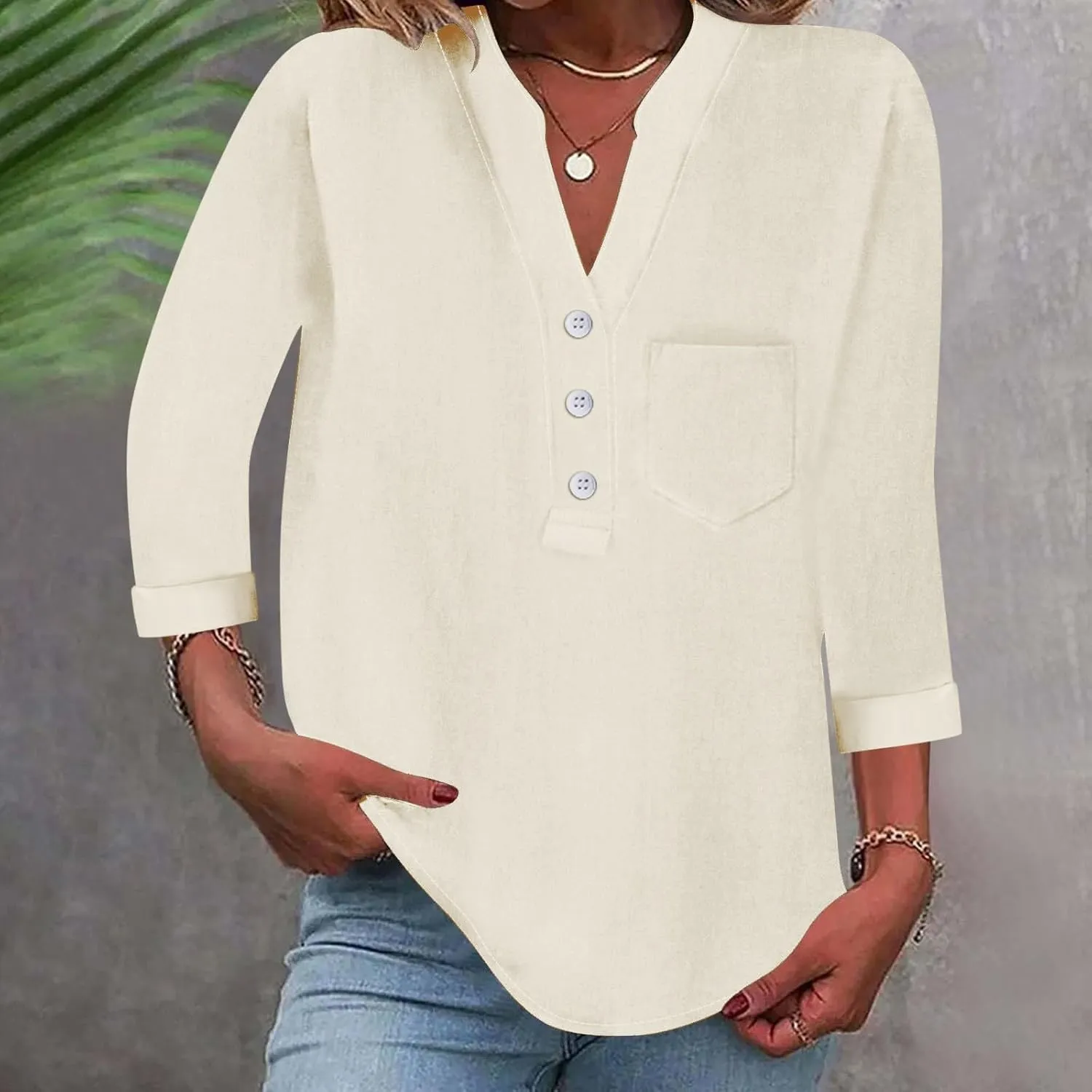 3/4 Sleeve Linen Tops for Women Loose Fit V Neck Button Down Henley Shirts Cute Summer Beach Tee Shirts with Pocket