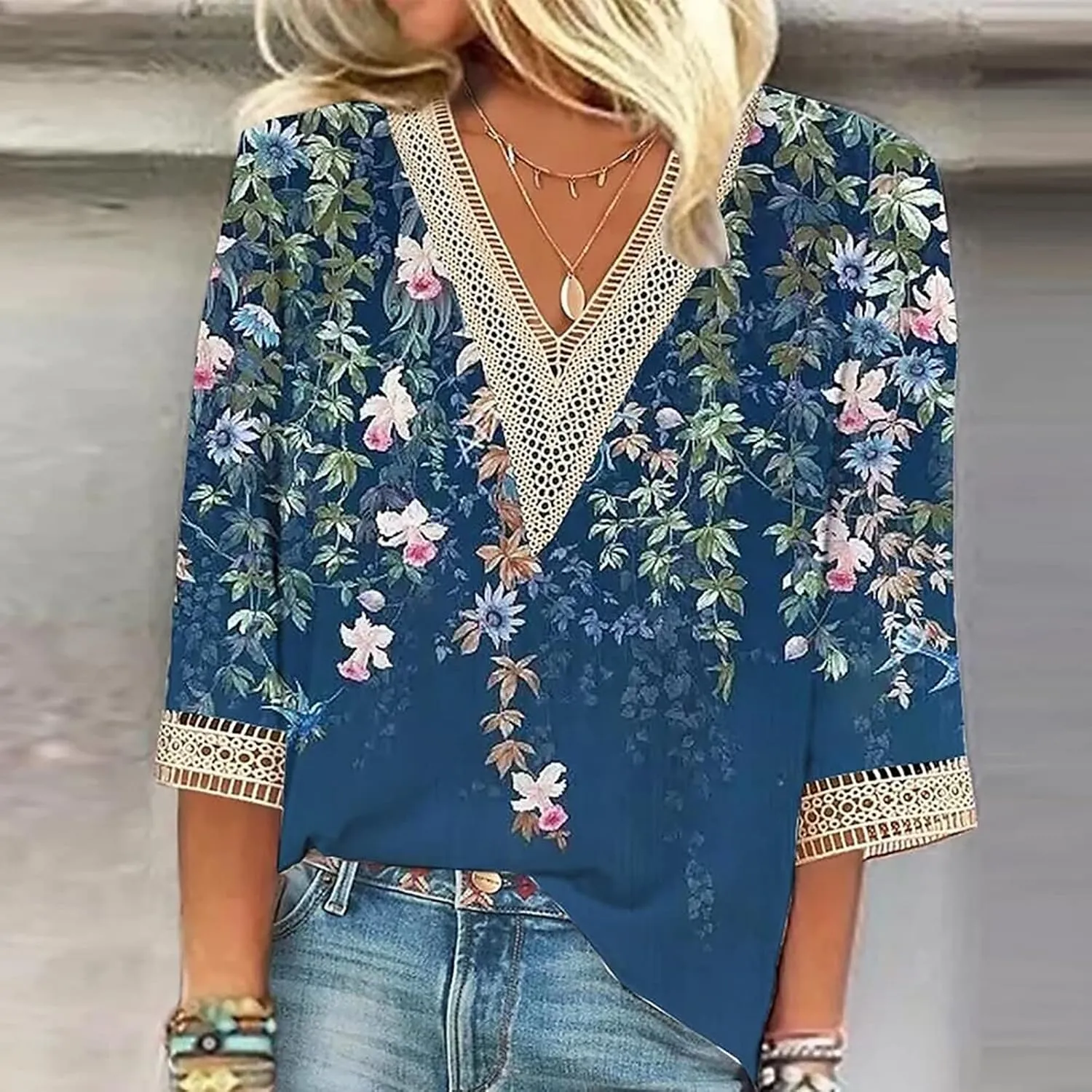 3/4 Sleeve Tops for Women Hollow V Neck Dressy Blouses Floral Print Layers Mesh Shirts Loose Fit Tunic Tops