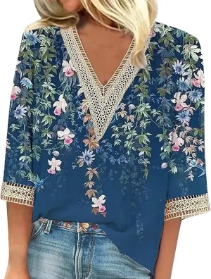 3/4 Sleeve Tops for Women Hollow V Neck Dressy Blouses Floral Print Layers Mesh Shirts Loose Fit Tunic Tops