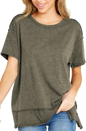 Allimy Women's Summer Short Sleeve Loose T Shirts Side Slits Raw Edges Tunic Tops