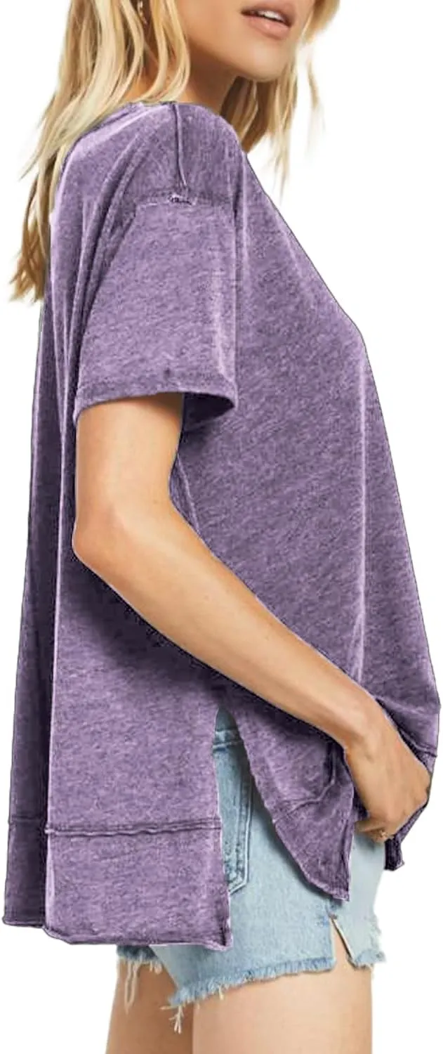 Allimy Women's Summer Short Sleeve Loose T Shirts Side Slits Raw Edges Tunic Tops