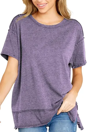 Allimy Women's Summer Short Sleeve Loose T Shirts Side Slits Raw Edges Tunic Tops