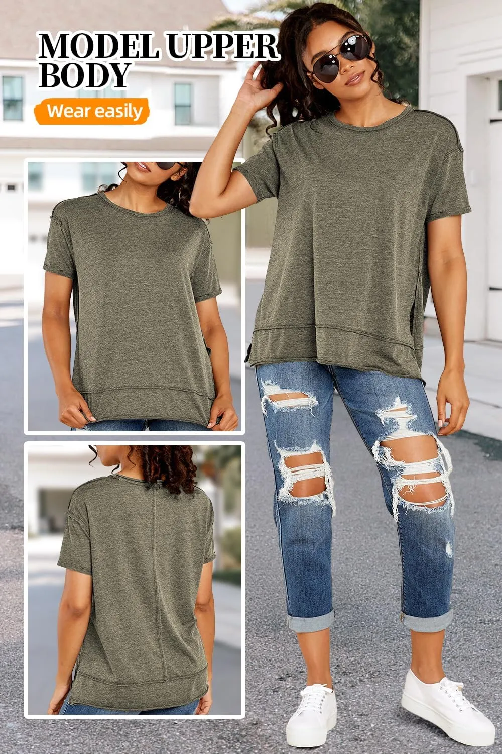 Allimy Women's Summer Short Sleeve Loose T Shirts Side Slits Raw Edges Tunic Tops