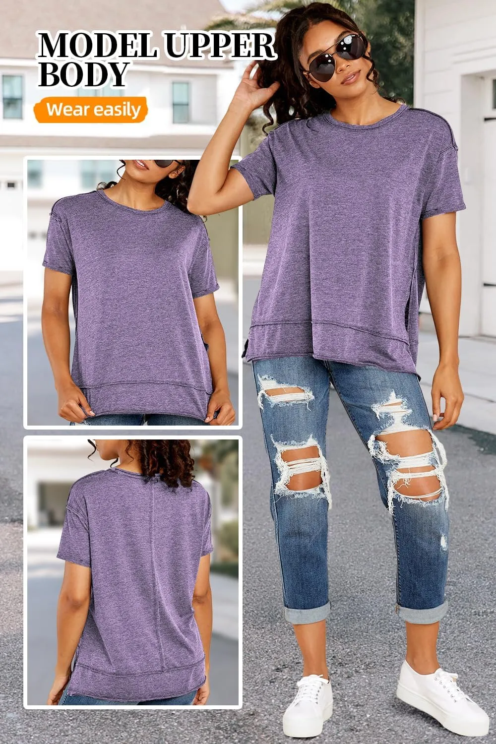 Allimy Women's Summer Short Sleeve Loose T Shirts Side Slits Raw Edges Tunic Tops