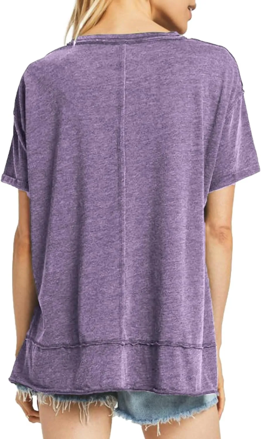 Allimy Women's Summer Short Sleeve Loose T Shirts Side Slits Raw Edges Tunic Tops