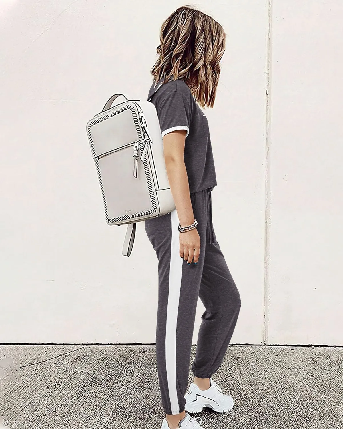 Amkoyam Women's Two Piece Outfits 2025 Summer Short Sleeve Tops With Drawstring Long Pants Tracksuit Jogger Lounge Set