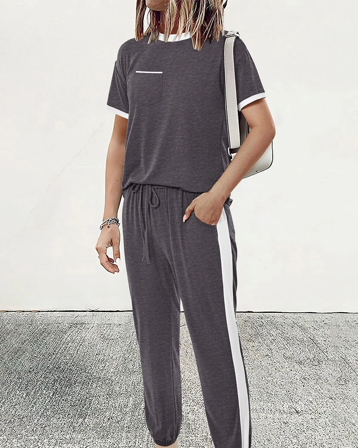 Amkoyam Women's Two Piece Outfits 2025 Summer Short Sleeve Tops With Drawstring Long Pants Tracksuit Jogger Lounge Set