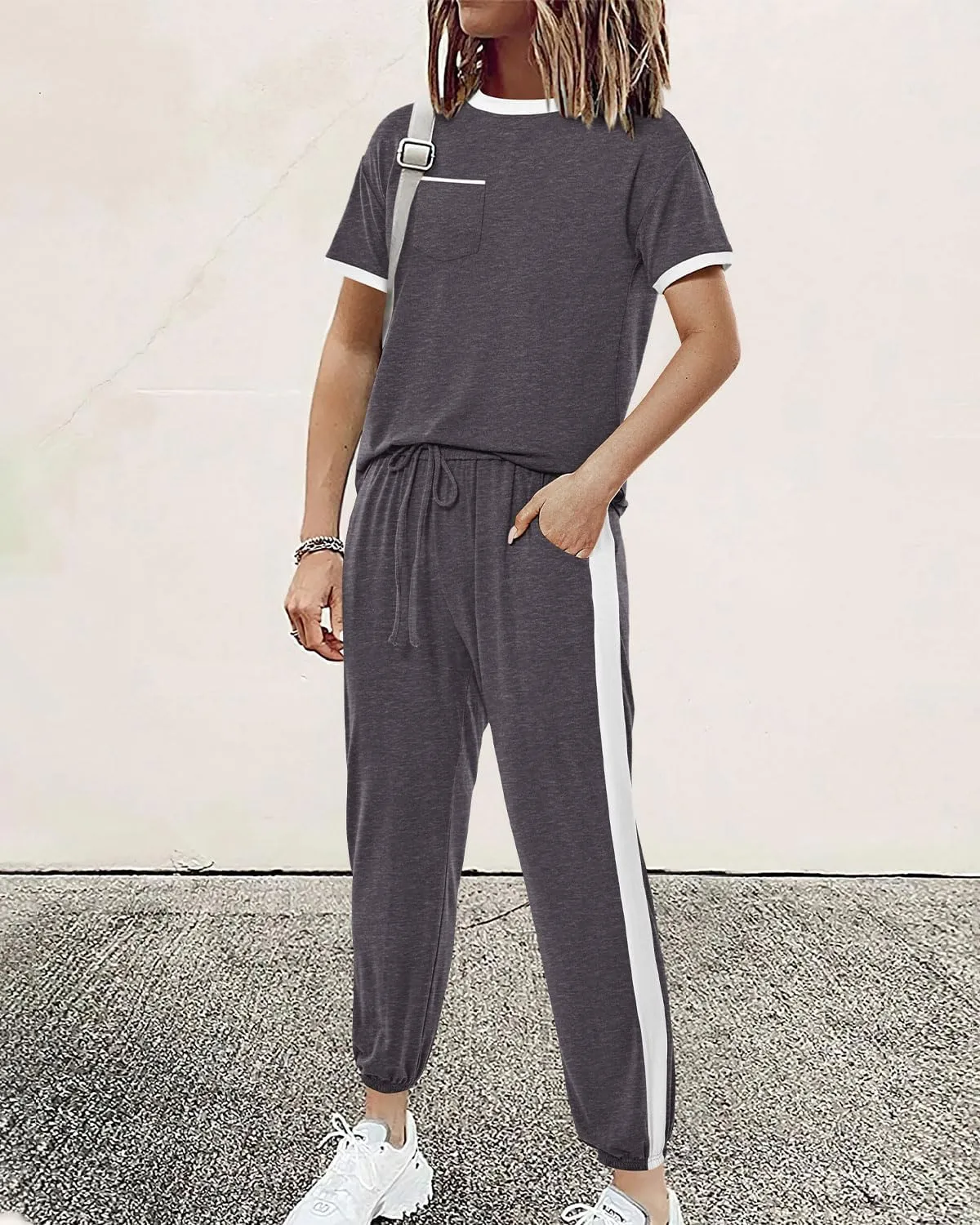 Amkoyam Women's Two Piece Outfits 2025 Summer Short Sleeve Tops With Drawstring Long Pants Tracksuit Jogger Lounge Set