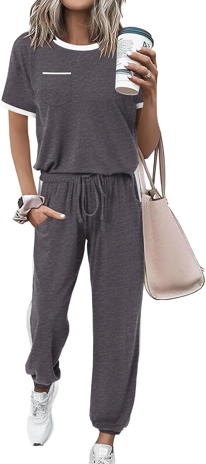 Amkoyam Women's Two Piece Outfits 2025 Summer Short Sleeve Tops With Drawstring Long Pants Tracksuit Jogger Lounge Set