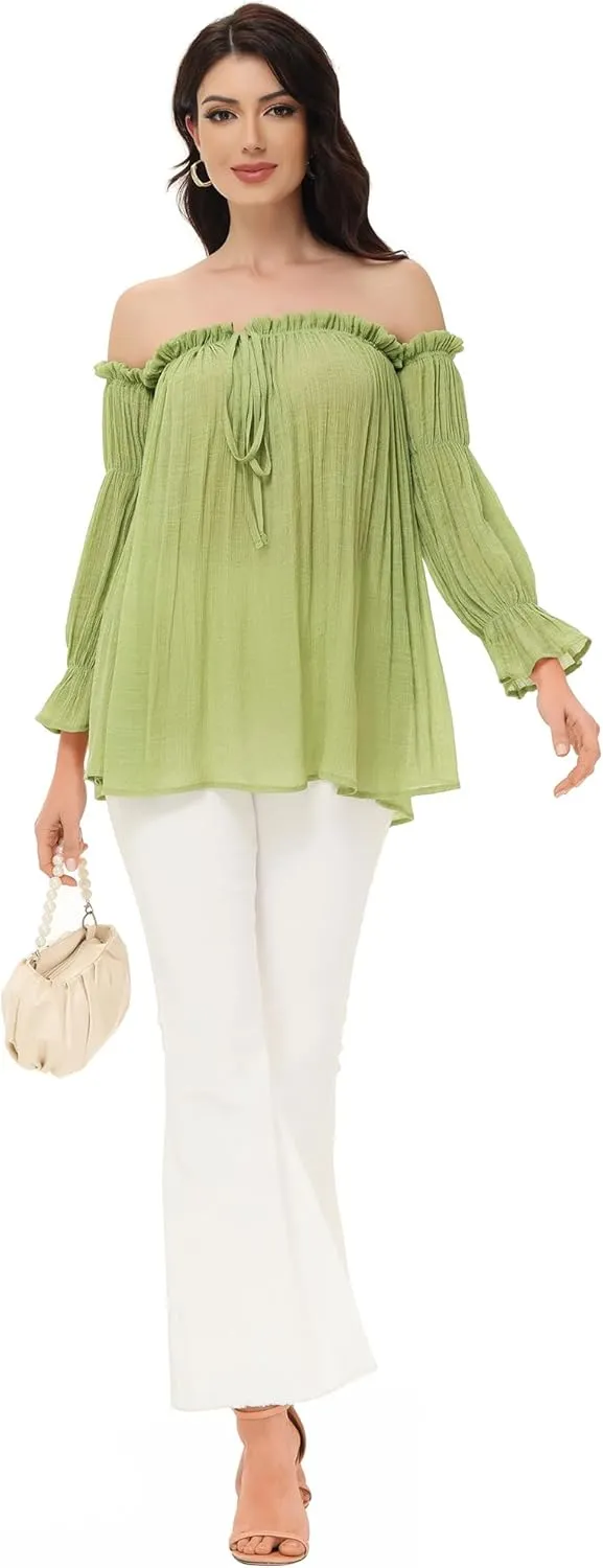 Anna-Kaci Womens Semi Sheer Boho Peasant Long Sleeve Off The Shoulder Top