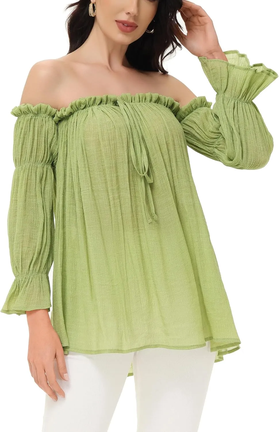 Anna-Kaci Womens Semi Sheer Boho Peasant Long Sleeve Off The Shoulder Top