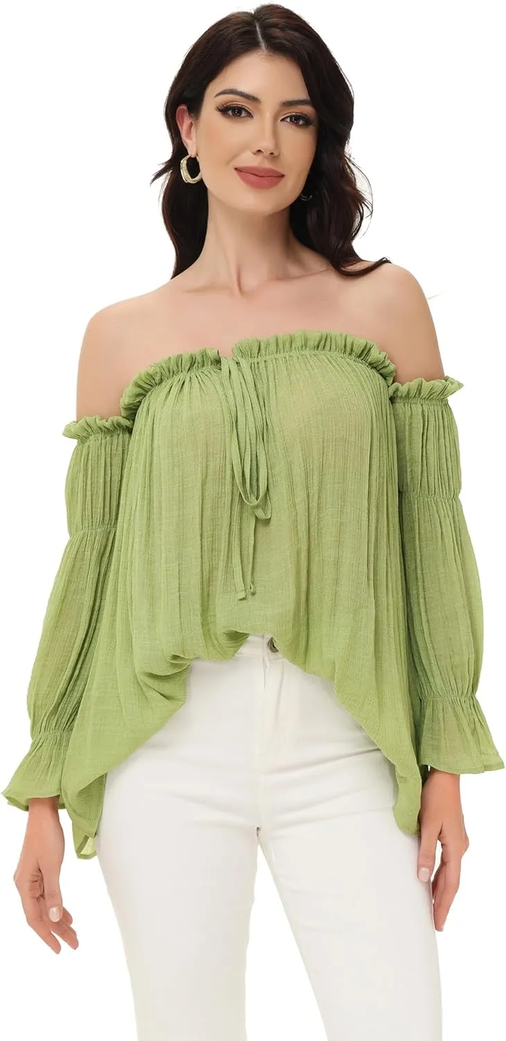 Anna-Kaci Womens Semi Sheer Boho Peasant Long Sleeve Off The Shoulder Top