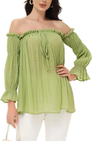 Anna-Kaci Womens Semi Sheer Boho Peasant Long Sleeve Off The Shoulder Top