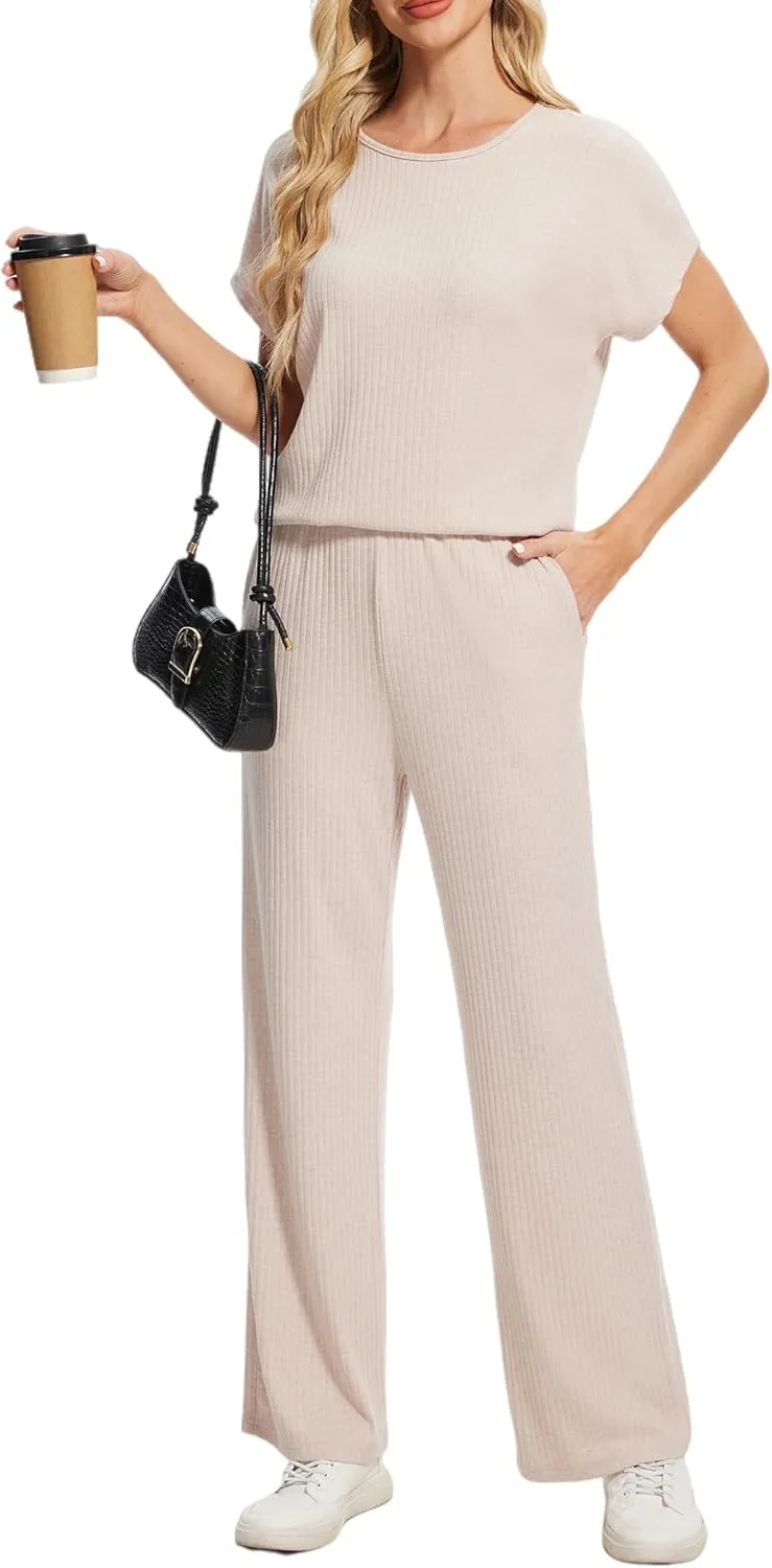 AVAMO Womens 2 Piece Outfits Casual Summer Matching Sets Wide Leg Lounge Sets Travel Airport Outfits Pajama Sets With Pockets