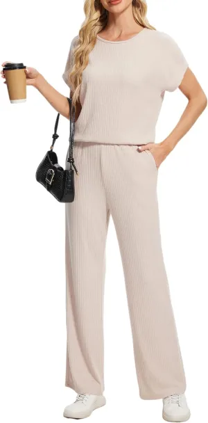 AVAMO Womens 2 Piece Outfits Casual Summer Matching Sets Wide Leg Lounge Sets Travel Airport Outfits Pajama Sets With Pockets