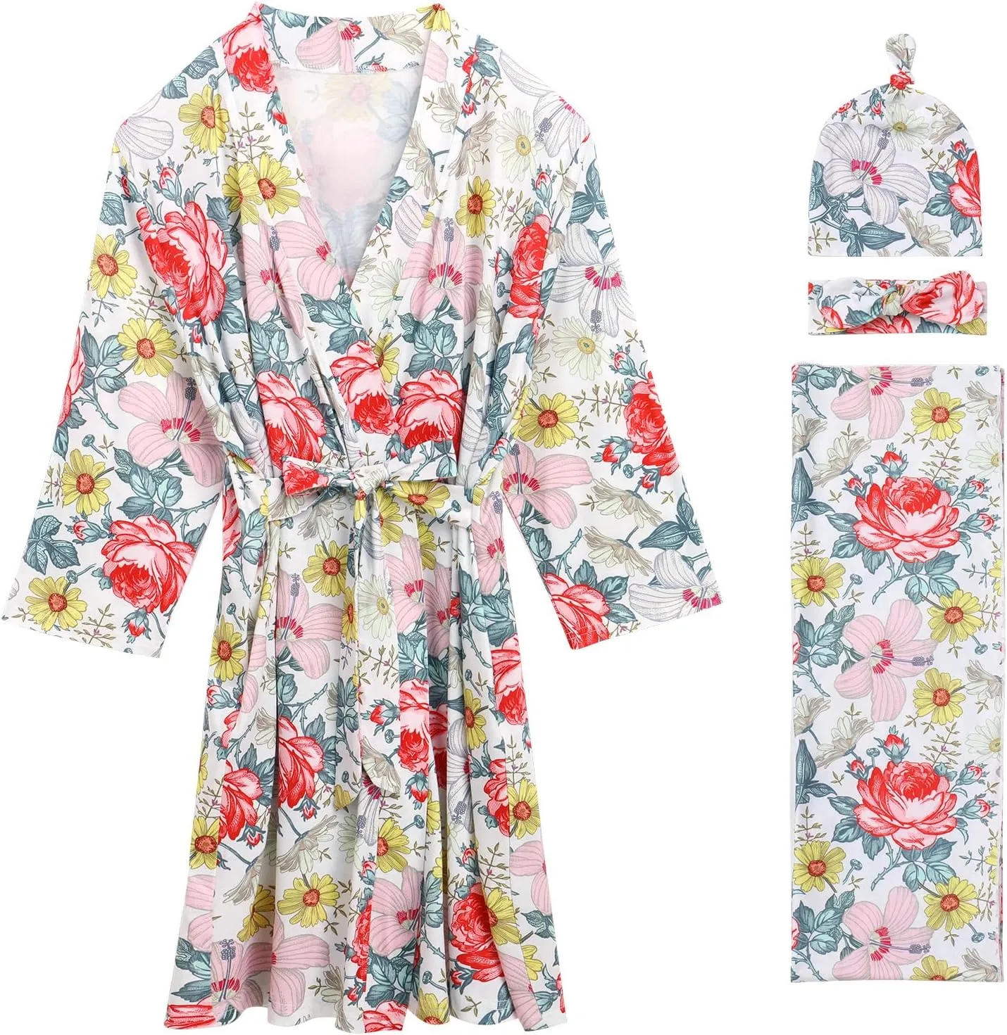 AWIBMK Mom and Me Robe and Swaddle Set and T-Shirt Hospital Labor Delivery Swaddling with Headband Hat for Mom Dad Baby
